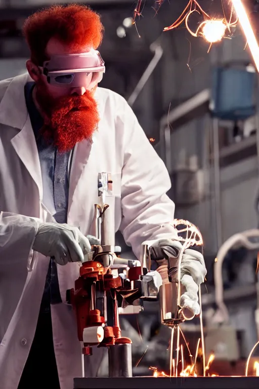 Image similar to an awkwardly tall scientist with a tangled beard and unruly red hair atop his balding head wearing a labcoat and welding goggles and holding a beaker, high resolution film still, movie by Ivan Reitman