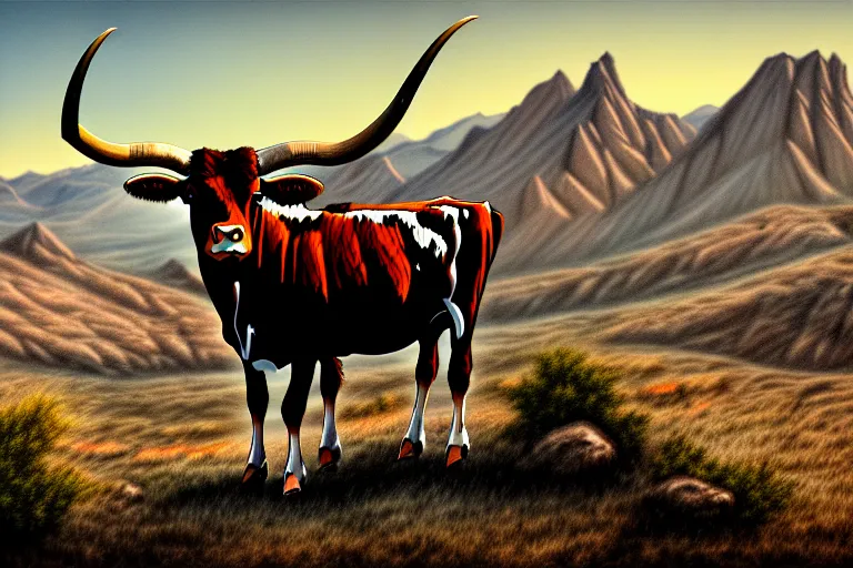 Image similar to a sketch of a longhorn steer on a high bluff in big bend, key visual, extremely moody, highly detailed, digital painting, sharp focus, illustration, unreal engine