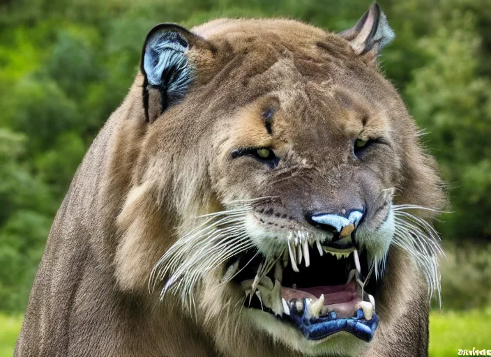 Image similar to award winning nature photo of a saber tooth big cat, sabor_tooth_feline, Smilodon, Smilodon, Smilodon, long fangs, detailed fur, zoo photography, National Geographic, HD,