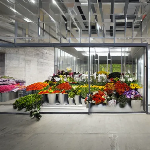 Prompt: flower shop by labotory concpet, steel and glass material, modernism