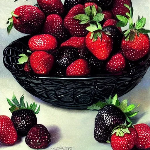 Prompt: table with very very very very black colored strawberries, #black strawberry fruit, ?black strawberry, !black strawberries, •black strawberries, extremely black strawberries, the strawberries are black, painted by rossdraws, greg rutkowski, thomas kindkade