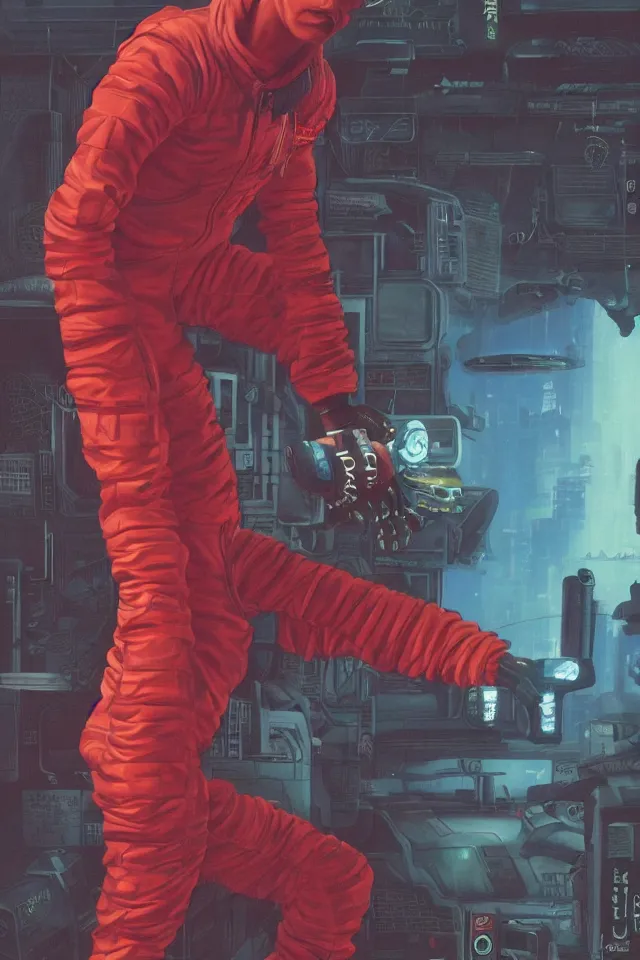 Image similar to CHAPPIE In A Red Adidas Track Suit In Neo Tokyo with Die Antwoord and Aphex Twin DJing in the Background , full figure, stormy weather, extremely detailed masterpiece, low-key neon lighting, artstation, 2001: A Space Odyssey, Roger Deakin’s cinematography, by J. C. Leyendecker and Peter Paul Rubens and Edward Hopper and Michael Sowa