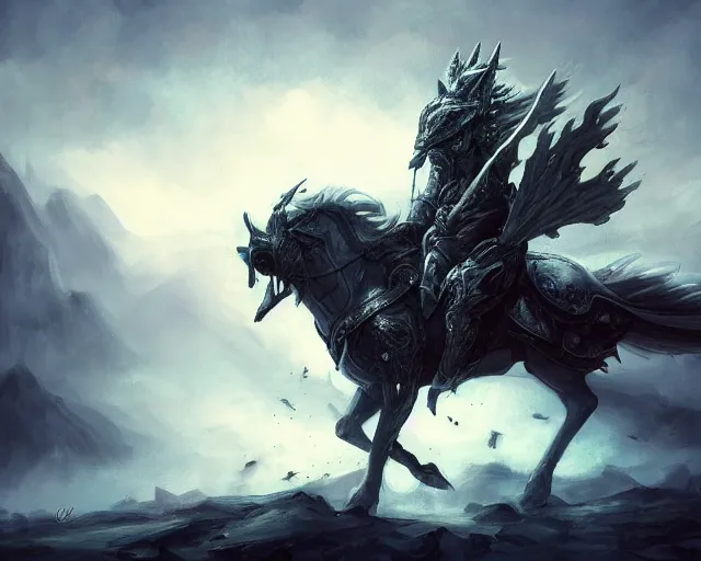 Image similar to A ghost warrior riding a giant ghost horse with armour, fantasy art, in the style of Frank Neidhardt, illustration, epic art, fantasy, intricate, elgant, amazing detail, digital painting, artstation, concept art, smooth, sharp focus