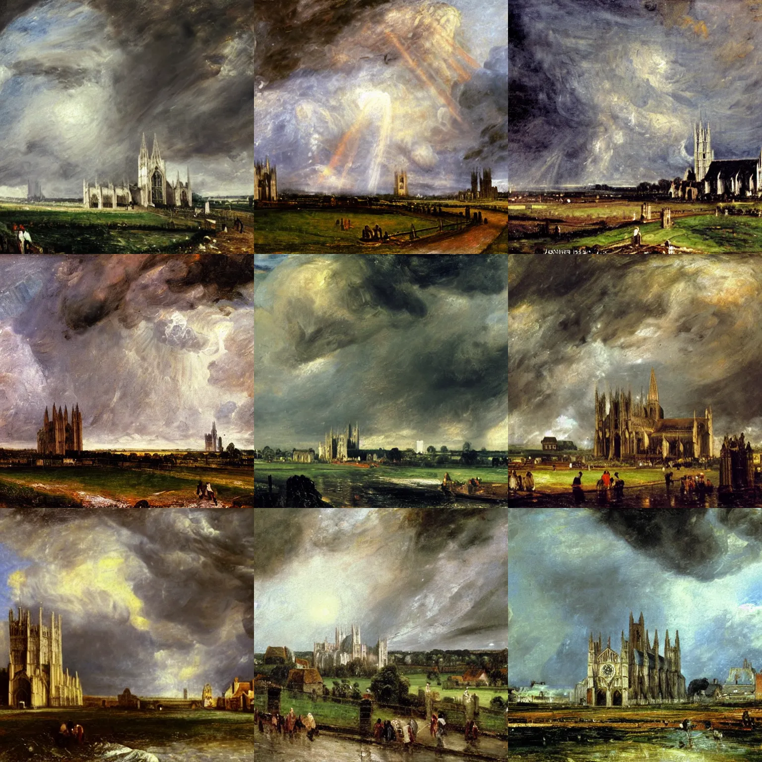 Prompt: Canterbury cathedral during a supercell storm, oil painting by John Constable