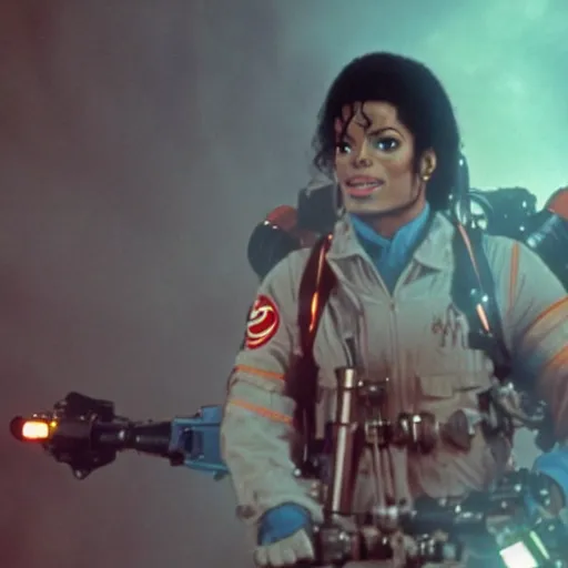 Prompt: stunning awe inspiring michael jackson playing a ghostbuster in the movie ghostbusters, movie still 8 k hdr atmospheric lighting