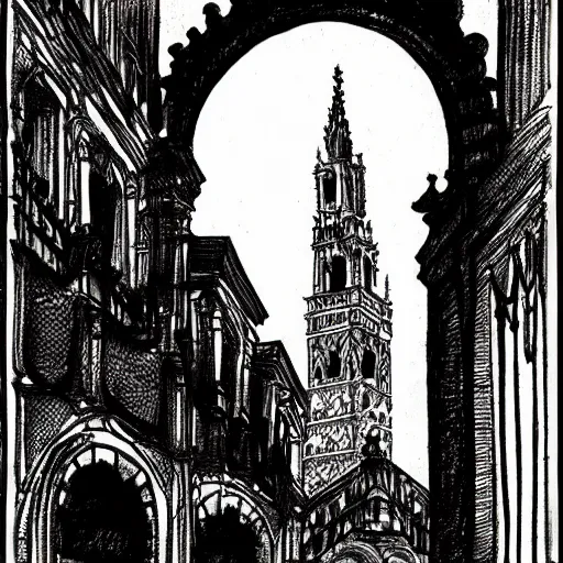 Image similar to la giralda from sevilla, ink manga drawing