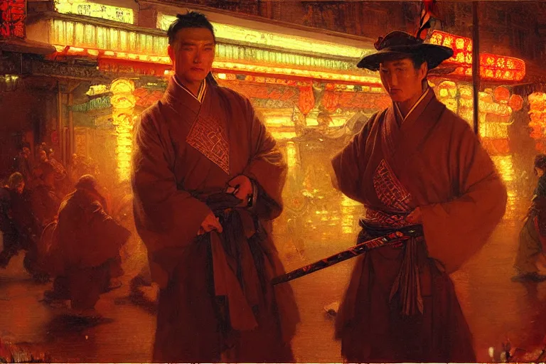 Image similar to wuxia, winter, attractive male, neon light, chinatown, painting by gaston bussiere, craig mullins, j. c. leyendecker