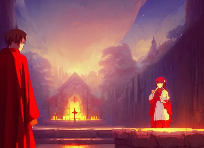 Image similar to cute fluffy mallard duck wearing red cultist robe, sacrificial altar in background, details, fantasy, epic, ancient city, landscape illustration concept art anime key visual trending pixiv fanbox by wlop and greg rutkowski and makoto shinkai and studio ghibli and kyoto animation symmetrical facial features