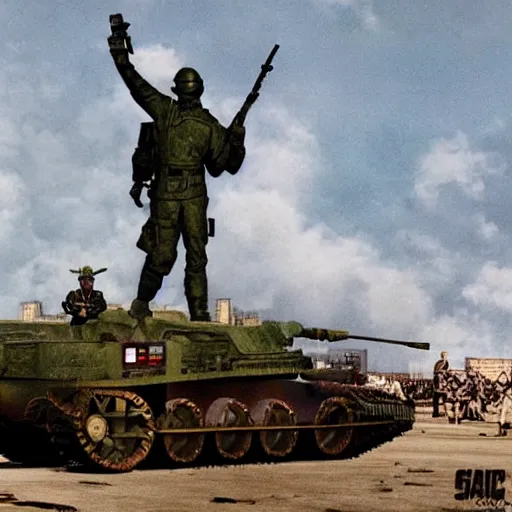 Image similar to The war between the Soviet Union and America, the action takes place in New York, far away against the background of the Statue of Liberty, a lot of soldiers and military equipment, a lot of explosions and tracer bullets, a lot of ruins, a very epic battle, The style of photography of the 80s, very detailed and detailed style