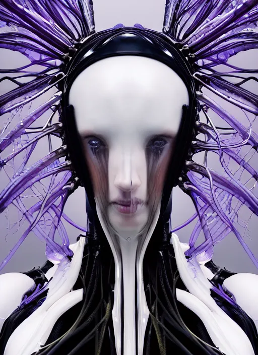 Image similar to forest iris van herpen gothic inflateble dark dress, perfect symmetrical body, helmet on face, full body shot, inflateble shapes, wires, tubes, veins, jellyfish, white biomechanical details, wearing epic bionic cyborg implants, masterpiece, intricate, biopunk, vogue, highly detailed, artstation, concept art, cyberpunk, octane render