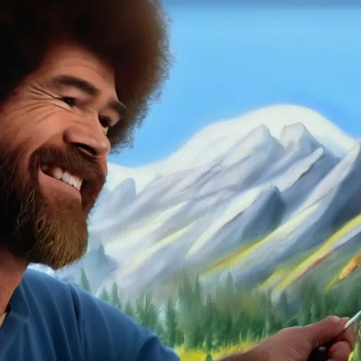 Image similar to a closeup photorealistic photograph of bob ross working on a canvas painting of superman. film still. brightly lit scene. mountains and trees. this 4 k hd image is trending on artstation, featured on behance, well - rendered, extra crisp, features intricate detail, epic composition and the style of unreal engine.