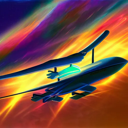 Prompt: futuristic plane ✈ flying through an electric paisley sky, [ lush glowing color palate ] fantasy landscape, radiant light rays, symmetrical details, sharp focus, photorealistic painting, award winning painting, volumetric lighting, artstation