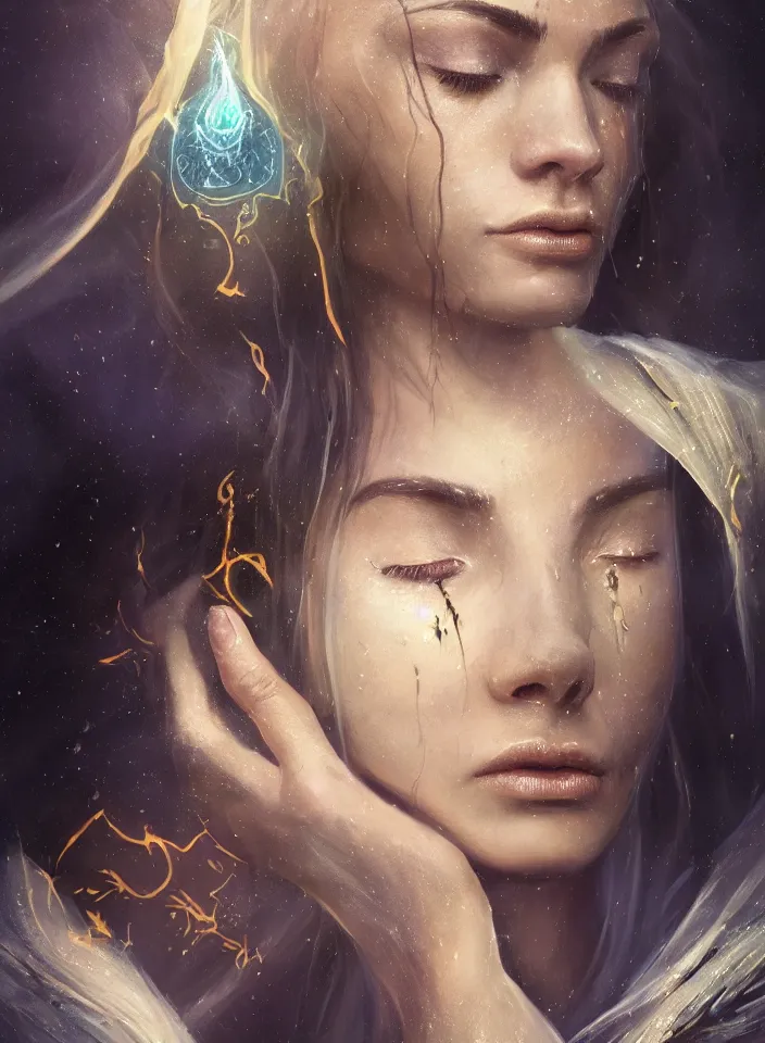 Image similar to a face portrait of a beautiful sorceress from skyrim casting a healing spell, fantasy setting, young face, serene colors, soft lighting, atmospheric, cinematic, moody, in the style of diego koi, gina heyer, luiz escanuela, art by alyssa monk, hyperrealism, rule of thirds, golden ratio, oil on canvas, 8 k