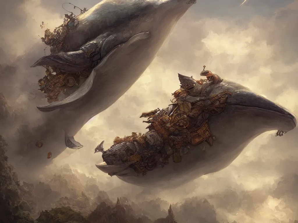 Prompt: a detailed full portrait of a flying whale, by justin gerard and demizu posuka, digital art, realistic painting, very detailed, fantasy, dnd, character design, trending on artstation