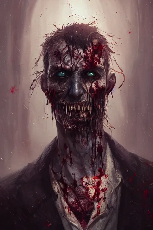 Prompt: A fancy portrait of a zombified man by Greg Rutkowski, Sung Choi, Mitchell Mohrhauser, Maciej Kuciara, Johnson Ting, Maxim Verehin, Peter Konig, Bloodborne, 8k photorealistic, cinematic lighting, HD, high details, dramatic, dark atmosphere, trending on artstation