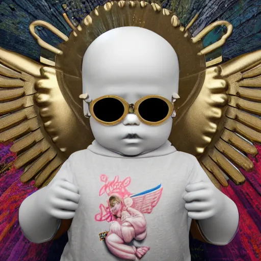 Prompt: a high tech 3 d rendering of a a baby cherub angel wearing a balaclava mask, ski mask, face covered, covered face, fixed eyes, gucci, supreme, chanel, tattoos, multiple gold cuban chain necklace, graffiti in background, cinema 4 d render