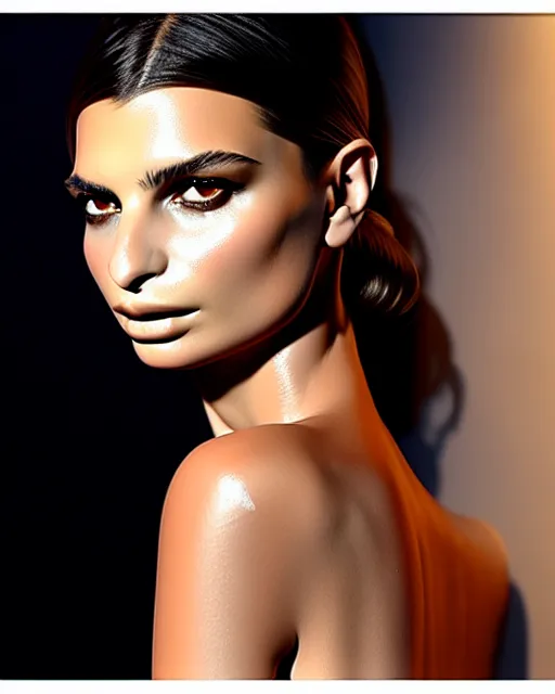 Prompt: Emily Ratajkowski, wearing an evening gown, vera wang couture, very detailed portrait, ultrarealistic, dramatic lighting, electrical details, high details, 4k, 8k, best, accurate, trending on artstation, fur, artstation, photorealism, ultrarealistic, digital painting, style of Dali, Caravaggio, Boris Vallejo