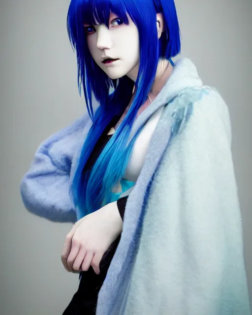 Prompt: touka kirishima from tokyo ghoul, blue hair, modern fashion, half body shot, photo by greg rutkowski, female beauty, f / 2 0, symmetrical face, warmv colors, depth of field