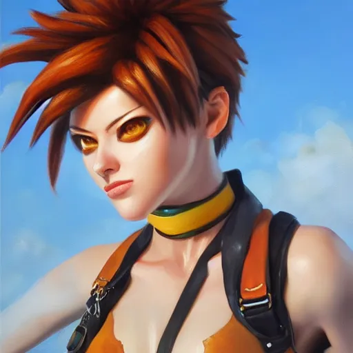 Image similar to oil painting of tracer overwatch in a field wearing large leather belt choker around neck, in style of mark arian, expressive face, detailed face, detailed eyes, full body, feminine face, tracer overwatch,