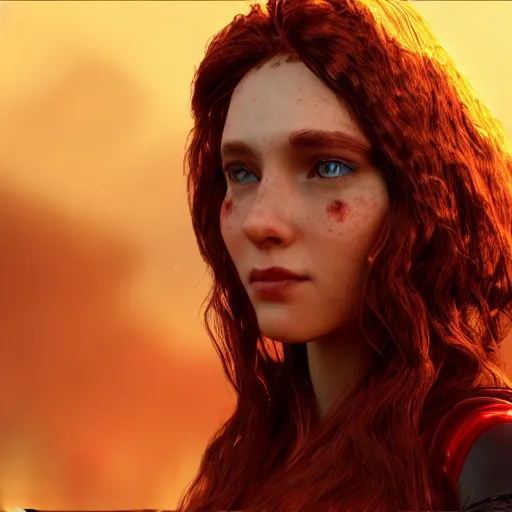 Image similar to a very beautiful 3d scarlet witch, long hair, hazel eyes, cute freckles, full round face, short smile, golden hour, post apocalyptic setting, medium shot, mid-shot, highly detailed, trending on Artstation, Unreal Engine 4k