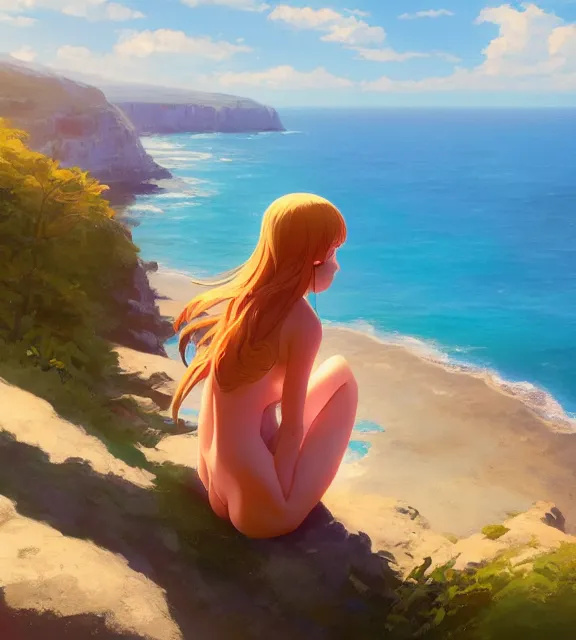 Prompt: a girl sitting on a cliff overlooking a beach. vivid colors, soft lighting, atmospheric, cinematic, moody, in the style of ilya kuvshinov and range murata, krenz cushart, oil on canvas, 8 k