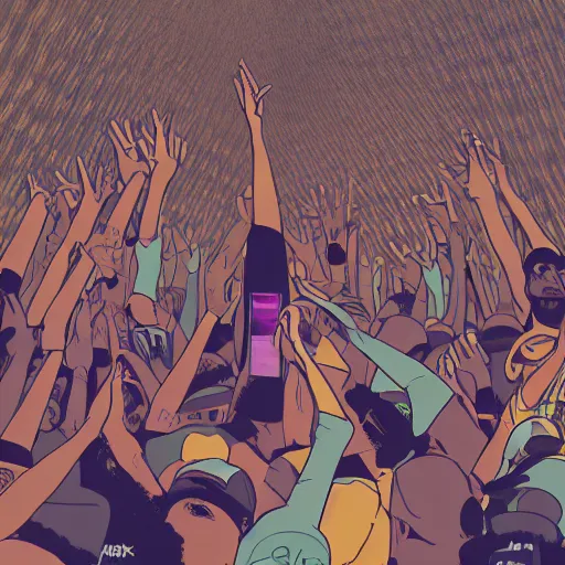 Image similar to rapper leaning over huge crowd reaching up to him, digital art, vapor wave, hip hop, trending on Artstation, professional artist, detailed, 4k