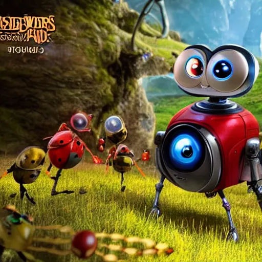 Image similar to promotional movie still, ladybugs, ladybug quadruped with big rgb eyes, ladybug hobbits, ladybug robots, space western, the fellowship of the ring ( film ), wall - e ( film )