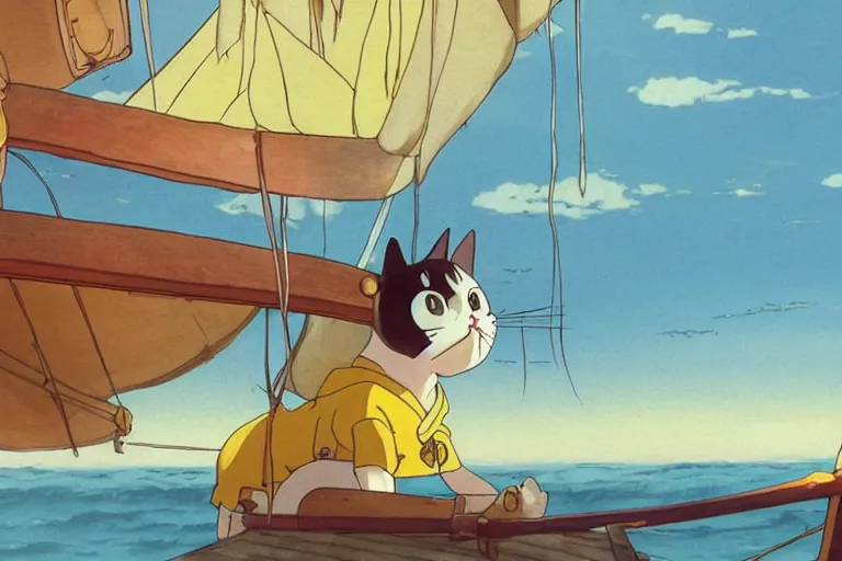 Image similar to sailor cat in a yellow raincoat and an eyepatch sailing a fishing boat through a tropical archipelago, morning sunrise, clouds, beautiful, summer, calm, studio ghibli, art by hayao miyazaki, makoto shinkai