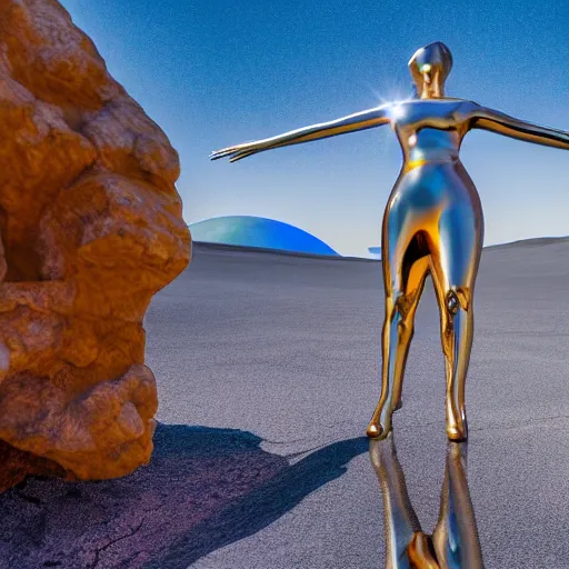 Image similar to 4 k hdr wide angle sony a 7 photo of a stainless steel shiny reflective woman female statue dancing on mars during a blue martian sunset