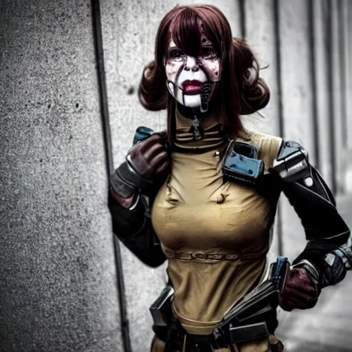 Image similar to female cyborg, moscow, cosplay, horror, post - apocalyptic