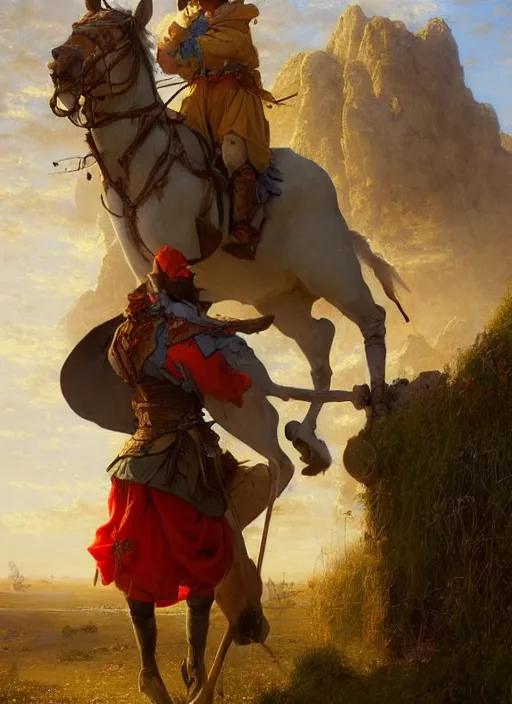 Prompt: don quixote and eeyore, digital art by eugene de blaas and ross tran, vibrant color scheme, intricately detailed, in the style of romanticism, cinematic, artstation, greg rutkowski