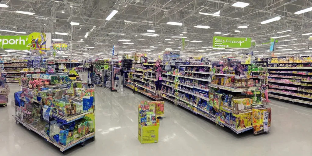 Image similar to WalMart in 3022, futuristic, sci-fi