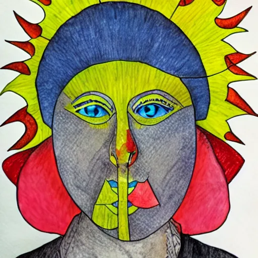 Image similar to collage, sun face from craigslist ads, color pen and pencil painting