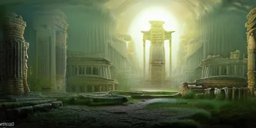 Image similar to beautiful hyperrealistic spectacular painting of intricate ruins of the mysterious futuristic ancient temple, an advanced alien technology clockwork timemachine with a green glowing crystal from the future is inside the temple, by hubert robert and lee madwick and bastien lecouffe deharme, dramatic moonlight lighting