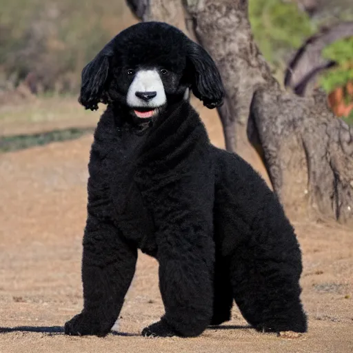 Image similar to a photo of a black poodle dog and a panda together,