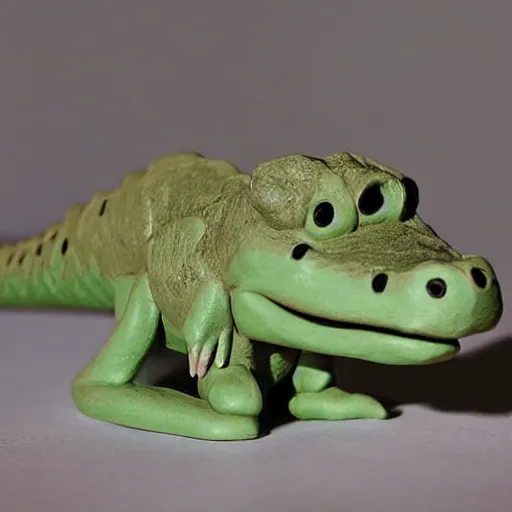 Prompt: close up photograph of a clay model of a cute dinosaur