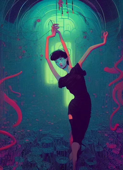 Prompt: sensual beautiful young girl in wearing a little black dress at a bar, dancing in the background, epic scene, by victo ngai, kilian eng vibrant colours, dynamic lighting, digital art, winning award masterpiece, fantastically beautiful, illustration, aesthetically inspired by beksinski and dan mumford, trending on artstation, art by greg rutkowski, 8 k