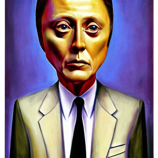 Prompt: christopher walken, portrait, dystopian, pj crook, edward hopper, oil on canvas