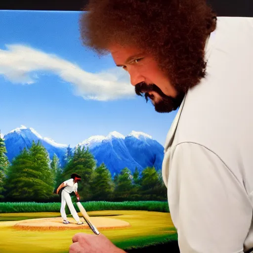 Image similar to a closeup photorealistic photograph of bob ross painting an image of kenny powers pitching a baseball on a canvas. mountains and trees. film still. brightly lit scene. this 4 k hd image is trending on artstation, featured on behance, well - rendered, extra crisp, features intricate detail, epic composition and the style of unreal engine.