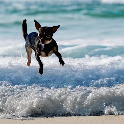 Image similar to a chihuahua running through the surf on the beach