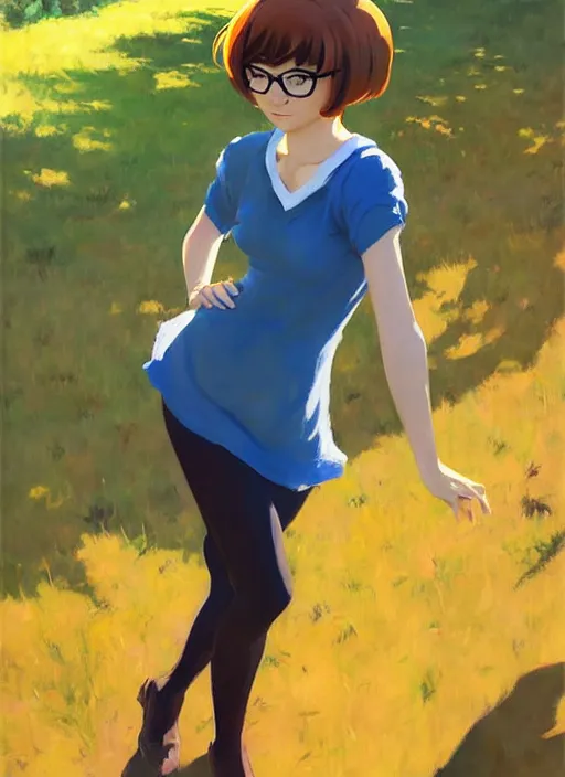 Image similar to Greg Manchess painting of Velma Dinkley, anime style, winged eyelashes, countryside, calm, fantasy character portrait, dark outlines, dynamic pose, above view, sunny day, artwork by Makoto Shinkai, very coherent asymmetrical artwork, sharp edges, perfect face, simple form, 100mm