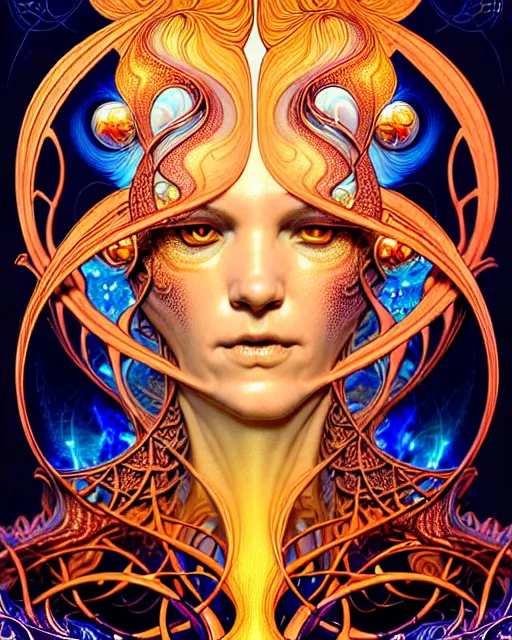 Prompt: a portrait of gemini water and fire fantasy character portrait made of fractals facing each other, art nouveau mandala, ultra realistic, wide angle, intricate details, the fifth element artifacts, highly detailed by peter mohrbacher, hajime sorayama, wayne barlowe, boris vallejo, aaron horkey, gaston bussiere, craig mullins