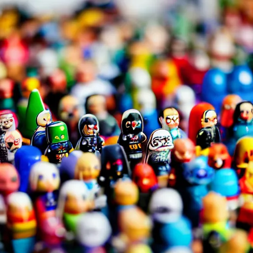 Prompt: a mountain of pop figures, photography, 3 5 mm lens, depth of field,