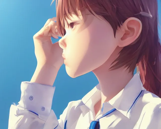 Image similar to teen looking at blue sky, wearing white shirt, cool pose, sharp details, sharp focus, detailed face, illustration, by pine ( ハイネ ) and 薯 子 imoko and 香 川 悠 作 and wlop and maya takamura, highly detailed, trending artstation, pixiv, digital art