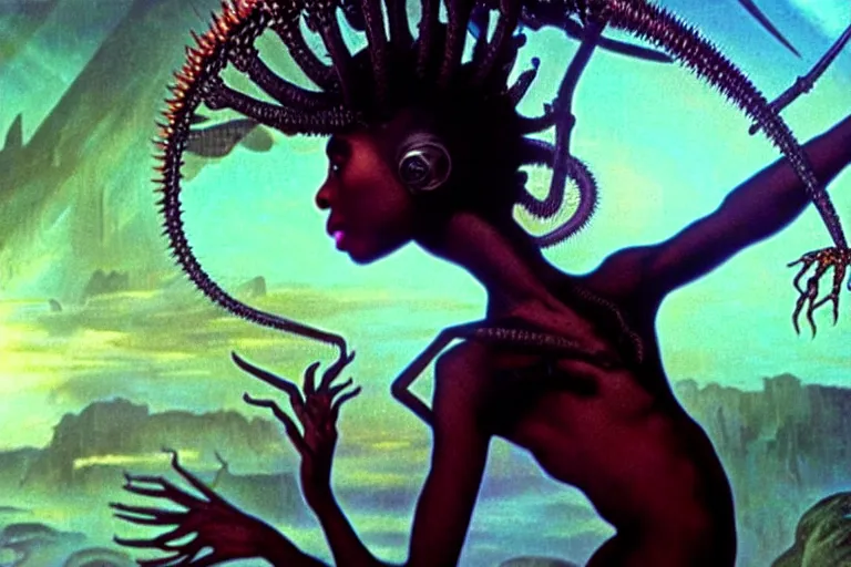 Image similar to realistic detailed closeup portrait movie shot of a beautiful black woman dancing with a giant spider, futuristic sci fi landscape background by denis villeneuve, jean deville, amano, yves tanguy, ernst haeckel, alphonse mucha, max ernst, caravaggio, roger dean, sci - fi necklace, fashion, masterpiece, rich moody colours