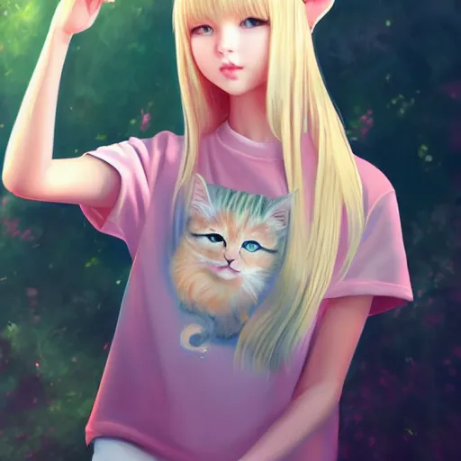 Image similar to realistic beautiful gorgeous natural cute Blackpink Lalisa Manoban blonde hair cute fur blonde cat ears in t shirt outfit golden eyes artwork drawn full HD 4K highest quality in artstyle by professional artists WLOP, Taejune Kim, Guweiz, ArtGerm on Artstation Pixiv
