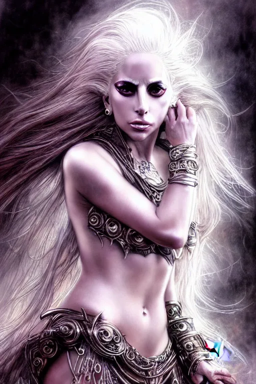 Prompt: Lady Gaga as a beautiful Goddess, fantasy, portrait, sharp focus, intricate, elegant, digital painting, artstation, matte, highly detailed, concept art, illustration, ambient lighting, art by Luis Royo