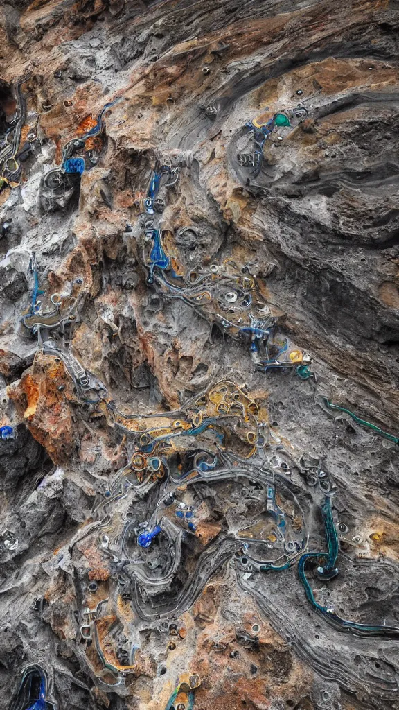 Image similar to ultra realistic macro photography of the giant magical machine embedded within the mountain, colourful sedimentary and igneous rock and marble, rock textures industrial machinery, factory machines, pistons, pipes and valves, super conducters, circuitry. 8k 3D geology