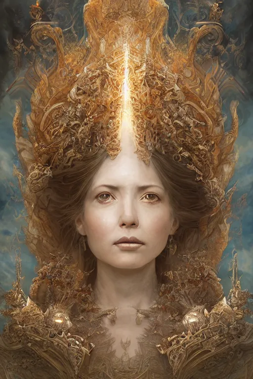 Image similar to a beautiful detailed 3 d matte painting of female empress of the light, by ellen jewett, tomasz alen kopera and justin gerard | symmetrical features, solemn, realism, intricate, ornate, royally decorated, halo, gilding, gilded, whirling smoke, particles, gold adornments, white splendid fabric, radiant colors, fantasy, trending