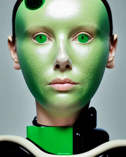 Image similar to symmetrical close - up portrait of a woman wearing a emerald green silicone beauty mask and hair buns, wearing a black bodysuit by alexander mcqueen, cream white background, soft light, biotechnology, humanoide robot, bjork aesthetic, translucent, by rineke dijkstra, masterpiece,